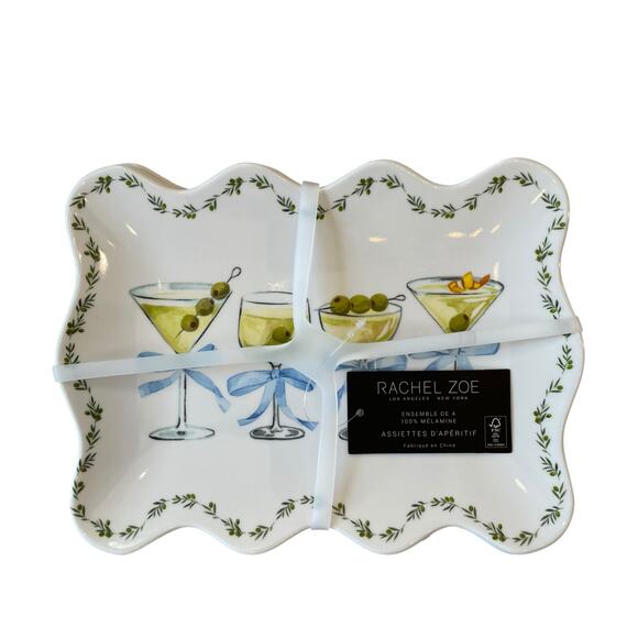 Rachel Zoe Cocktails & Bows Melamine Appetizer Plates 9x6 Set of 4 Scalloped NEW - Picture 13 of 14